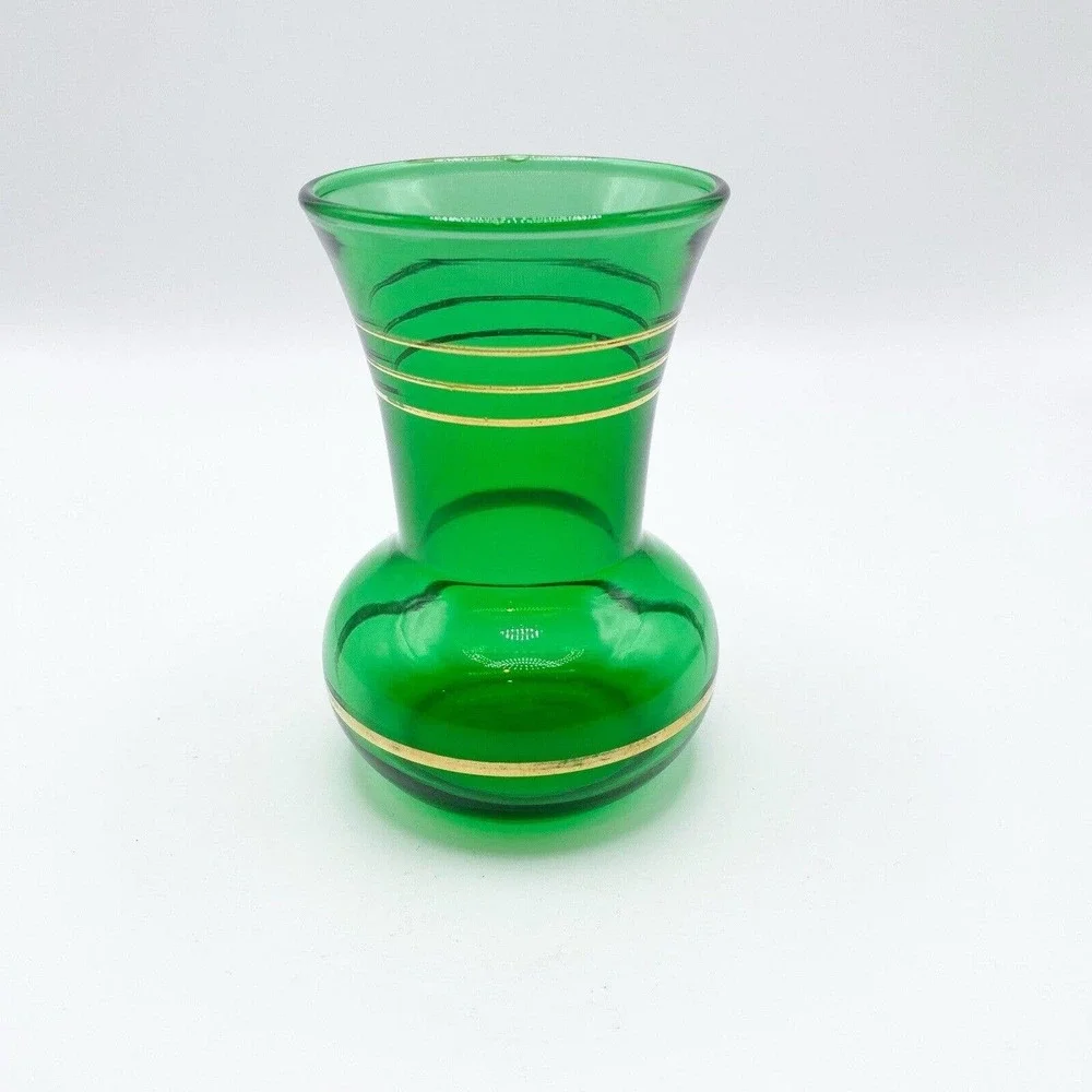 Vtg Anchor Hocking Forest Green Glass Flared Bud Vase Gold Bands Vanity 3.75